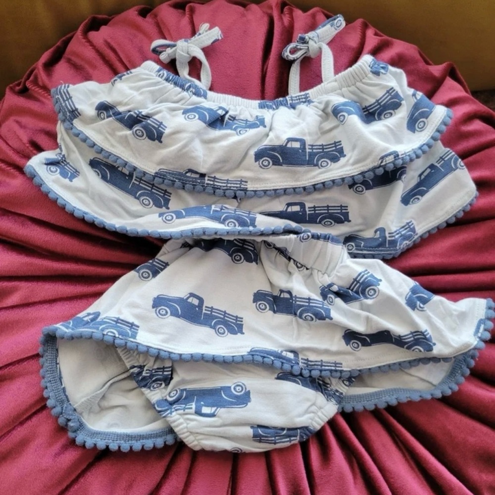 Kate Quinn-Horizon farm trucks-Double ruffle tie strap sun suit-Baby shower gift
